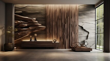 Minimalist interior design of modern rustic entrance hall with abstract wooden room divider generative ai