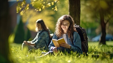 Young girl student with backpack and books sitting on grass with friends in park, Generative AI