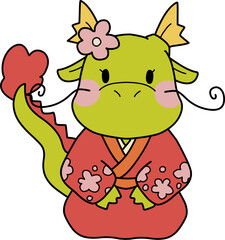 ピンクの着物を着て正座している女の子のイメージの龍のイラスト