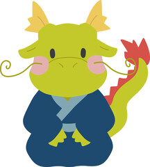 青い着物を着て正座しているデフォルメした龍のイラスト