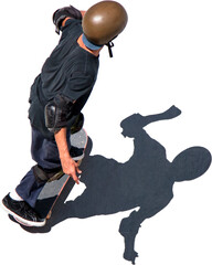 Skateboarder and his shadow on transparent background.