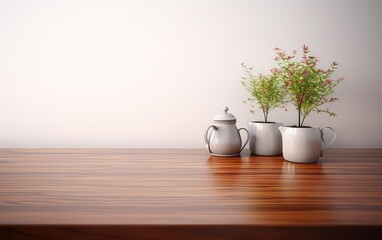 A wooden table with little white vases on top that are loaded with plants against a blank wall. Minimal background for product presentation.