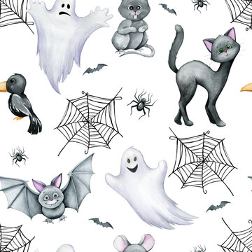 bat, rat, crow, ghost, spider. Watercolor seamless pattern in cartoon style, on an isolated background.