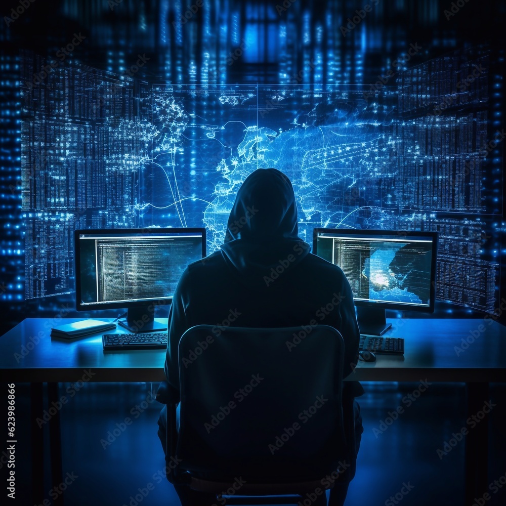 Wall mural hacker sitting at the computer, cyber security and anti-spyware concept . ai generated