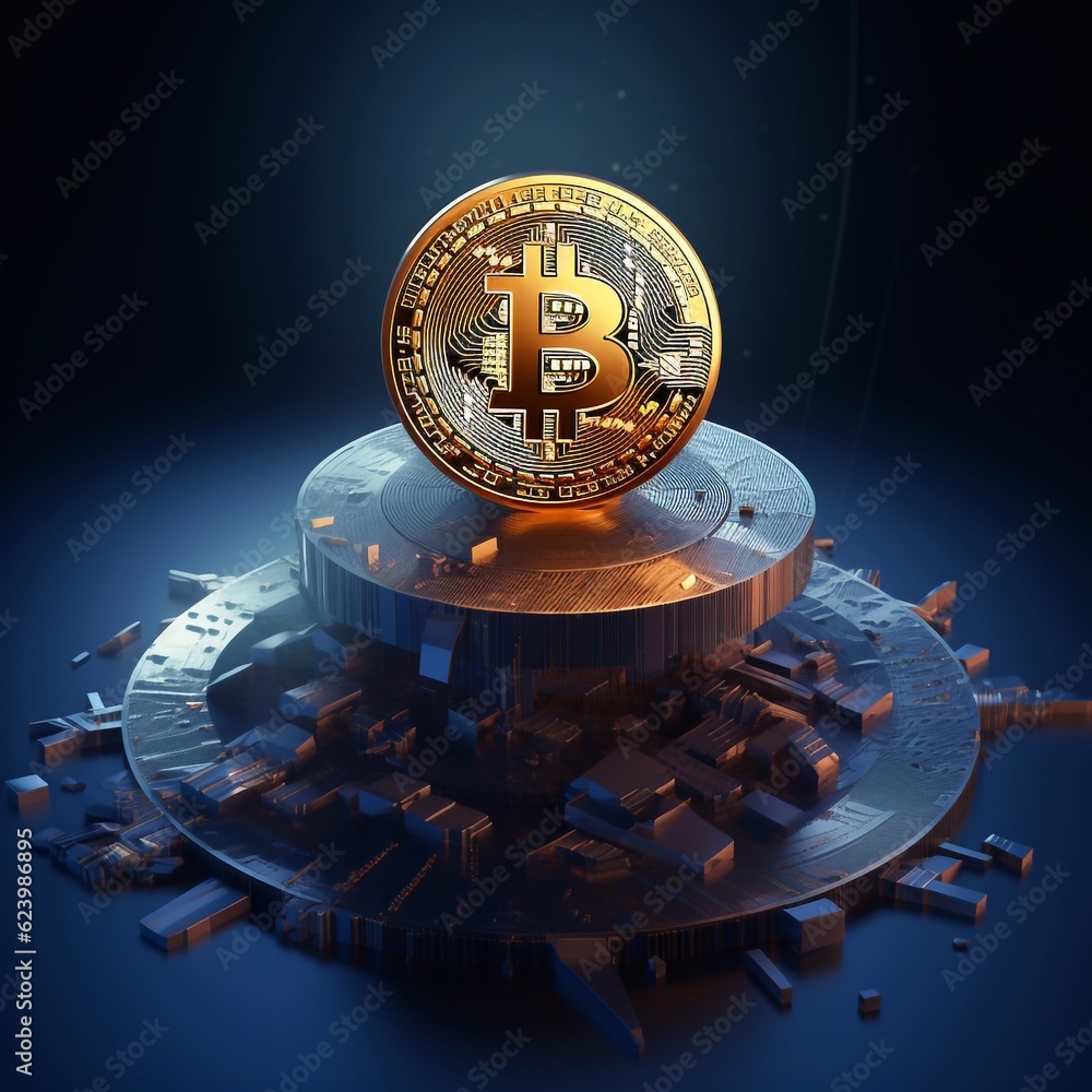 Poster cryptocurrency bitcoin with falling growth chart. digital currency trading. wireframe style. vector 