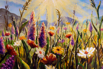 Flowers painting white yellow daisies, purple lupine wildflowers and tall mountain grasses in the sunshine oil paintings landscape impressionism artwork
