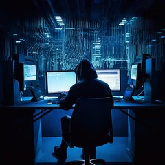 hacker sitting at the computer, cyber security and anti-spyware concept . AI generated