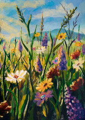 Original oil painting of wildflowers sunny landscape nature, field flowers white yellow daisies, purple lupine flowers and tall mountain grasses in the sunshine on canvas. Modern artwork.