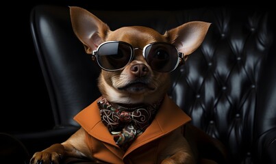 Young and rich chihuahua dog being a head of mafia gang wearing sunglasses - obrazy, fototapety, plakaty