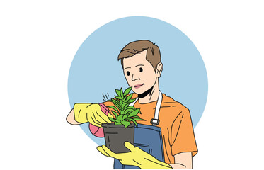 Illustration of a gardener watering green plants in a greenhouse garden. Asian man watering plants every morning.