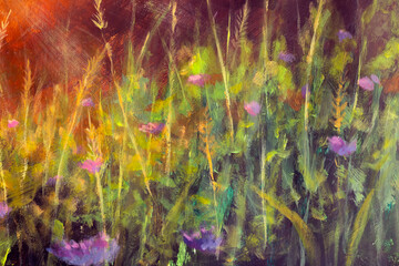 Defocused abstract flowers floral landscape at sunset sunrise oil painting realism. Purple flowers in grass background out of focus illustration art