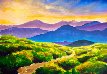 Oil painting oil painting road road in the mountains among beautiful fields of wildflowers vivid landscape acrylic on canvas