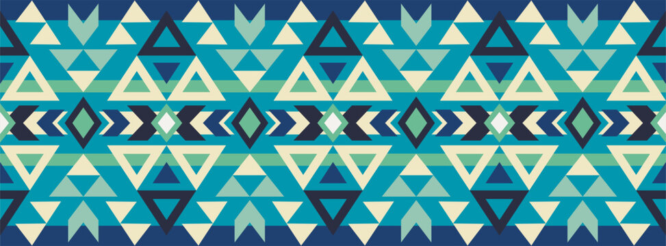 Aztec seamless border pattern on blue color. Boho style