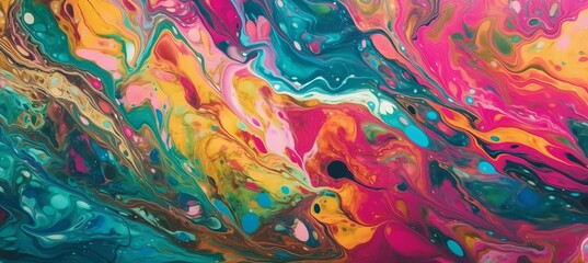 Liquid oil painting marble texture background. Teal pink yellow colors. Generative AI technology.