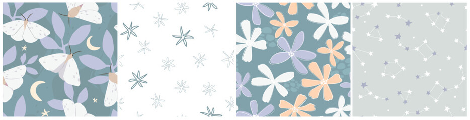 Fototapeta na wymiar A set of seamless patterns with an abstract natural print. Butterflies, leaves, flowers, the starry sky. Vector graphics.