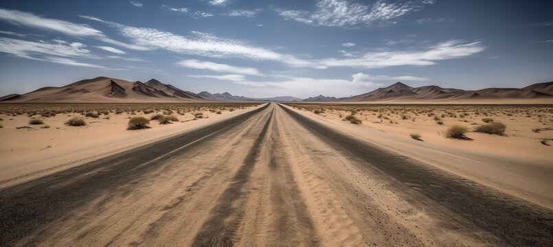 Endless long straight dirt road at desert. Generative AI technology.