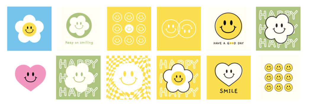 Happy cute smile sticker Hand-drawn style collection. Stickers, backgrounds, patterns, poster. illustrations. a cartoon style. Latest hand-drawn vector illustration of flat design