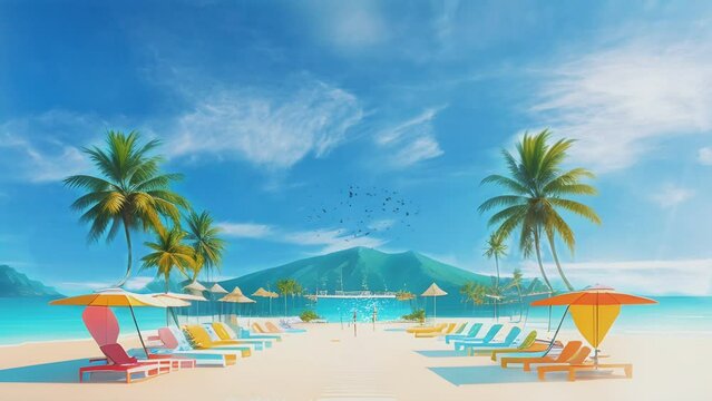 Beautiful fantasy nature beach landscape. Cartoon or anime watercolor painting illustration style. seamless looping 4K time-lapse virtual video animation background.