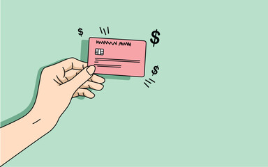 illustration of an Asian hand holding an atm card. shopping card.