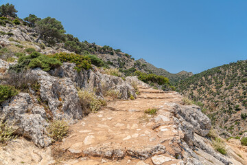 Fototapeta na wymiar View of the hiking trail from Gouverneto Monastery to The Monastery Katholiko, Stavros, Akrotiri district of the city of Chania, Crete, Greece