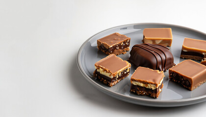 Chocolate caramel slices, bars, millionaires shortbread on a grey plate. White background.