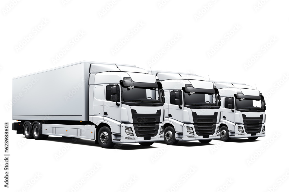 Wall mural three modern white european-style cargo parked side by side truck front right side corner angle view