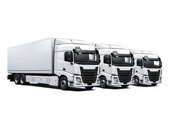 Three modern white European-style cargo parked side by side truck front right side corner angle view, isolated