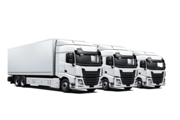 Three modern white European-style cargo parked side by side truck front right side corner angle view, isolated