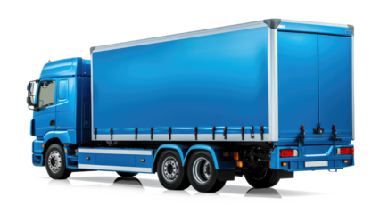 Modern blue European-style cargo truck rear back left side corner angle view, isolated
