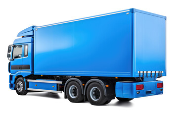 Modern blue European-style cargo truck rear back left side corner angle view, isolated