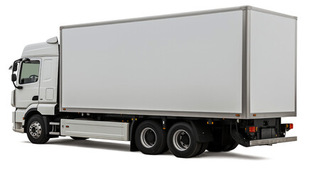 Modern white European-style cargo truck rear back left side corner angle view, isolated
