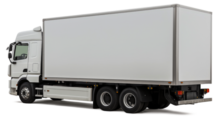 Modern white European-style cargo truck rear back left side corner angle view, isolated