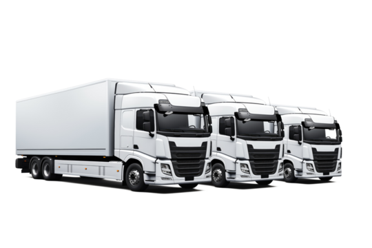 Three modern white European-style cargo parked side by side truck front right side corner angle view, isolated
