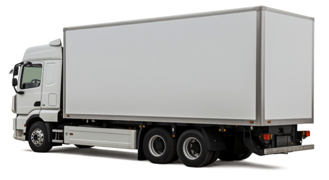 Modern white European-style cargo truck rear back left side corner angle view, isolated