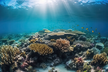 Obraz premium underwater coral reef landscape background in the deep blue Maldives ocean, AI