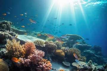 Fototapeta na wymiar underwater coral reef landscape background in the deep blue Maldives ocean, AI