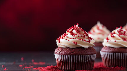 Generative AI image of an irresistible red velvet cupcake, with a velvety cocoa-infused base, crowned with a creamy cream cheese frosting, and delicately adorned with red velvet crumbs