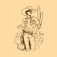 Fototapeta na wymiar Vector Wild West western hand drawn doodle background with cowboy hat on American canyon desert and cactuses. western cowboy. western cowboy vector