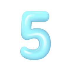 Blue number 5. Plastic volumetric number 1 with highlights. Realistic volume rendering figure. Vector