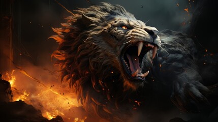 Cinematic image lion with burning eyes made with generative AI