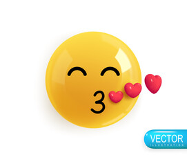 Realistic 3d Icon. Emoji face. Render of yellow glossy color emoji in plastic cartoon style