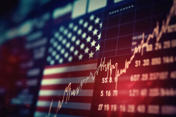 Concept of economic recession in United States, downtrend stock with red arrow, AI