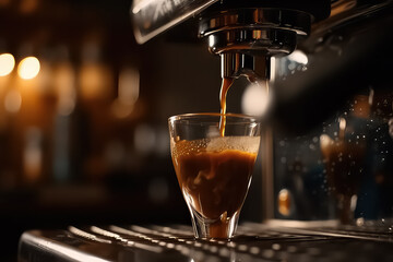 Close up of espresso pouring from coffee machine, AI