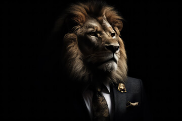 Naklejka premium Lion in Business Suit on black background, AI