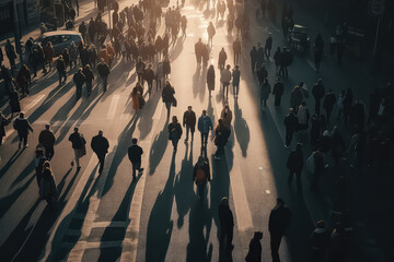 People crowd on pedestrian crosswalk. Top view background. AI - obrazy, fototapety, plakaty