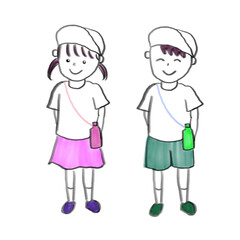 Smiling boy and girl in short sleeves and short pants holding water bottles (summer)