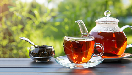 Fototapeta Black tea in glass cup and teapot on summer outdoor background. Copy space. obraz