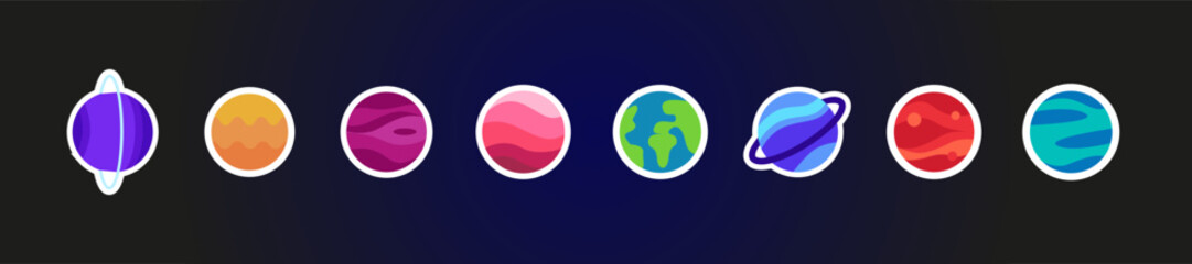 Set of stickers Solar system planets colored icons. Vector Illustration. Isolation on dark blue background. Flat style. © Elene le13