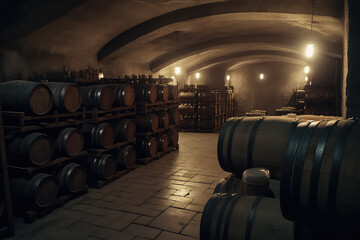 Old cellar with bottles and barrels, AI
