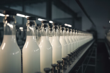 conveyor with milk bottles on factory, AI